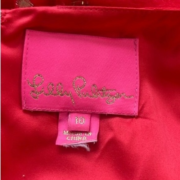 Lilly Pulitzer Silk Dress Women's Size 10 Red Gold Metallic Dot V-Neck Pleated - Picture 4 of 6